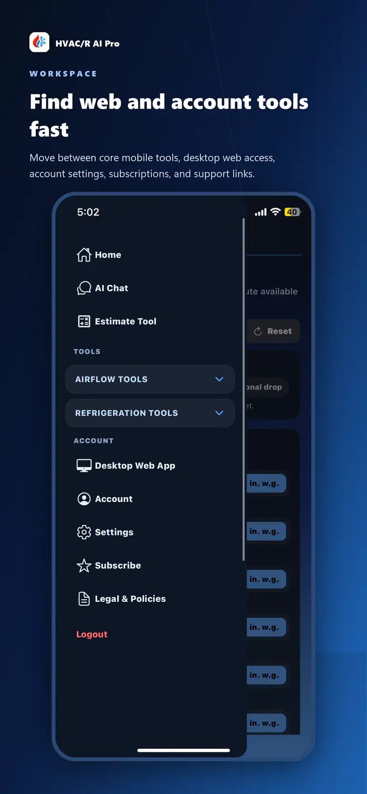 HVAC/R AI Pro account menu showing account tools and the desktop web app access path