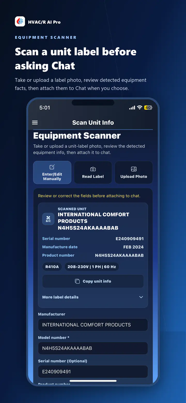 HVAC/R AI Pro Equipment Scanner showing reviewed manufacturer, model, serial, refrigerant, electrical, and copy controls