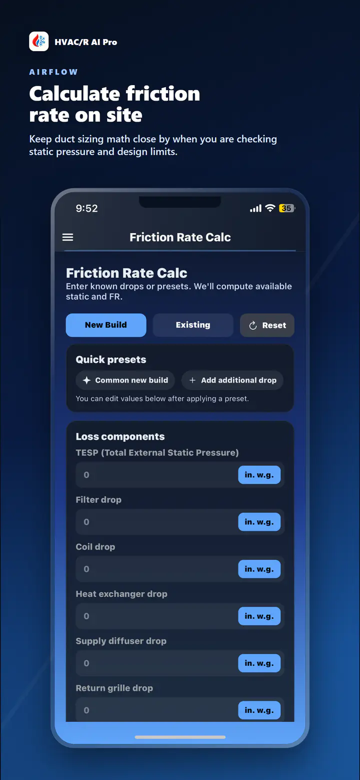 HVAC/R AI Pro friction-rate calculator showing airflow, pressure, effective length, and duct-system inputs