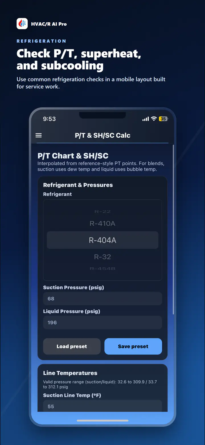 HVAC/R AI Pro refrigerant pressure-temperature tool with refrigerant and temperature selection controls