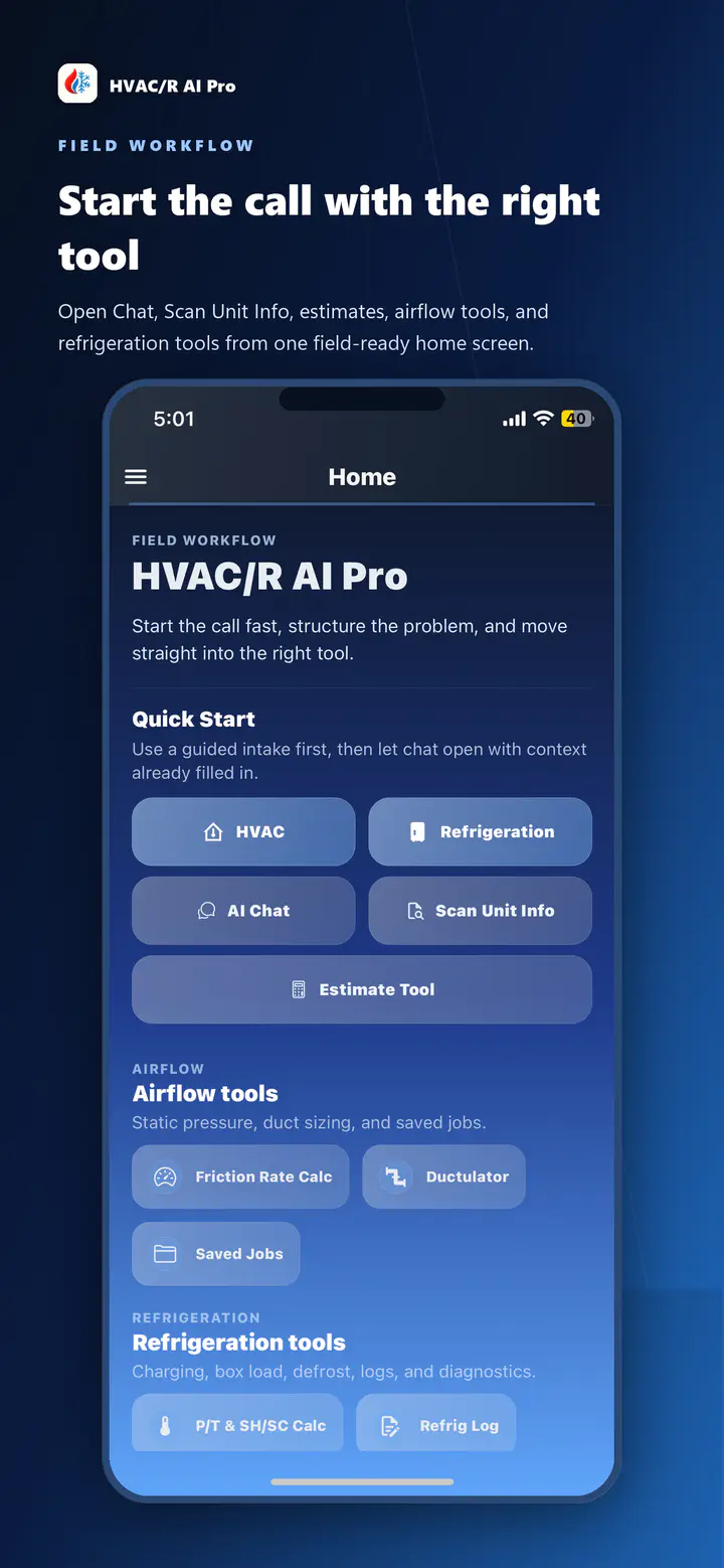 HVAC/R AI Pro quick-start home screen with AI Chat, Equipment Scanner, estimate, airflow, and refrigeration tools