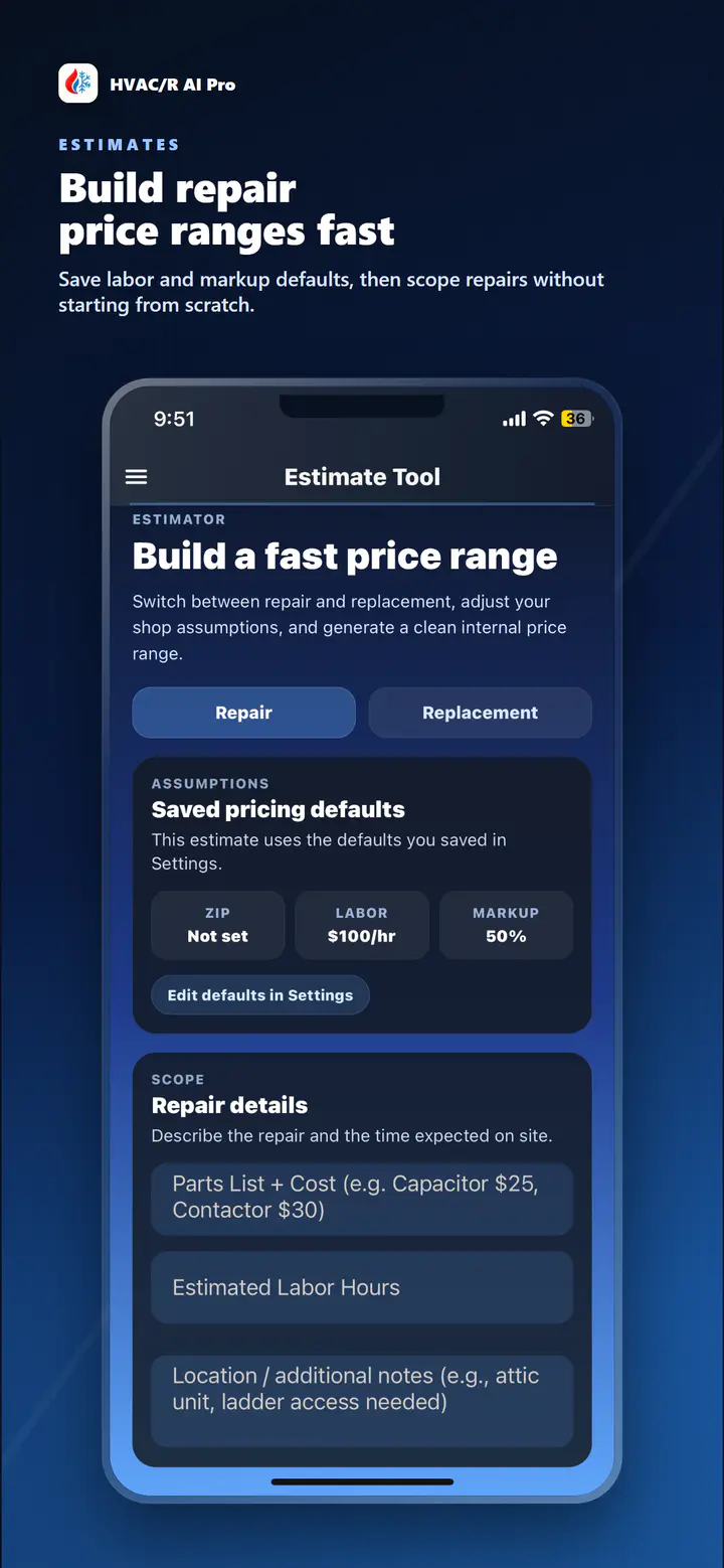 HVAC/R AI Pro repair estimate workflow showing job inputs and adjustable pricing guidance